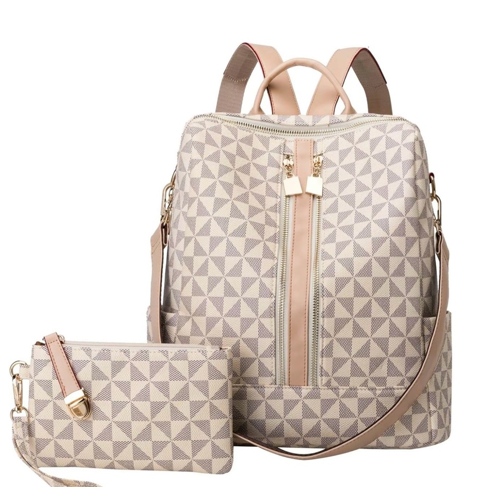 Geometric Patterned Beige Backpack and Clutch Set. Brand new